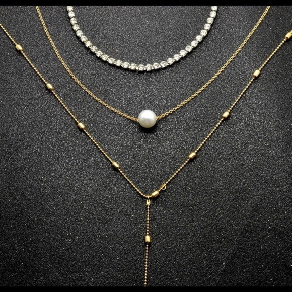 3 lather rhinestone pearl teardrop choker necklace - Picture 8 of 8